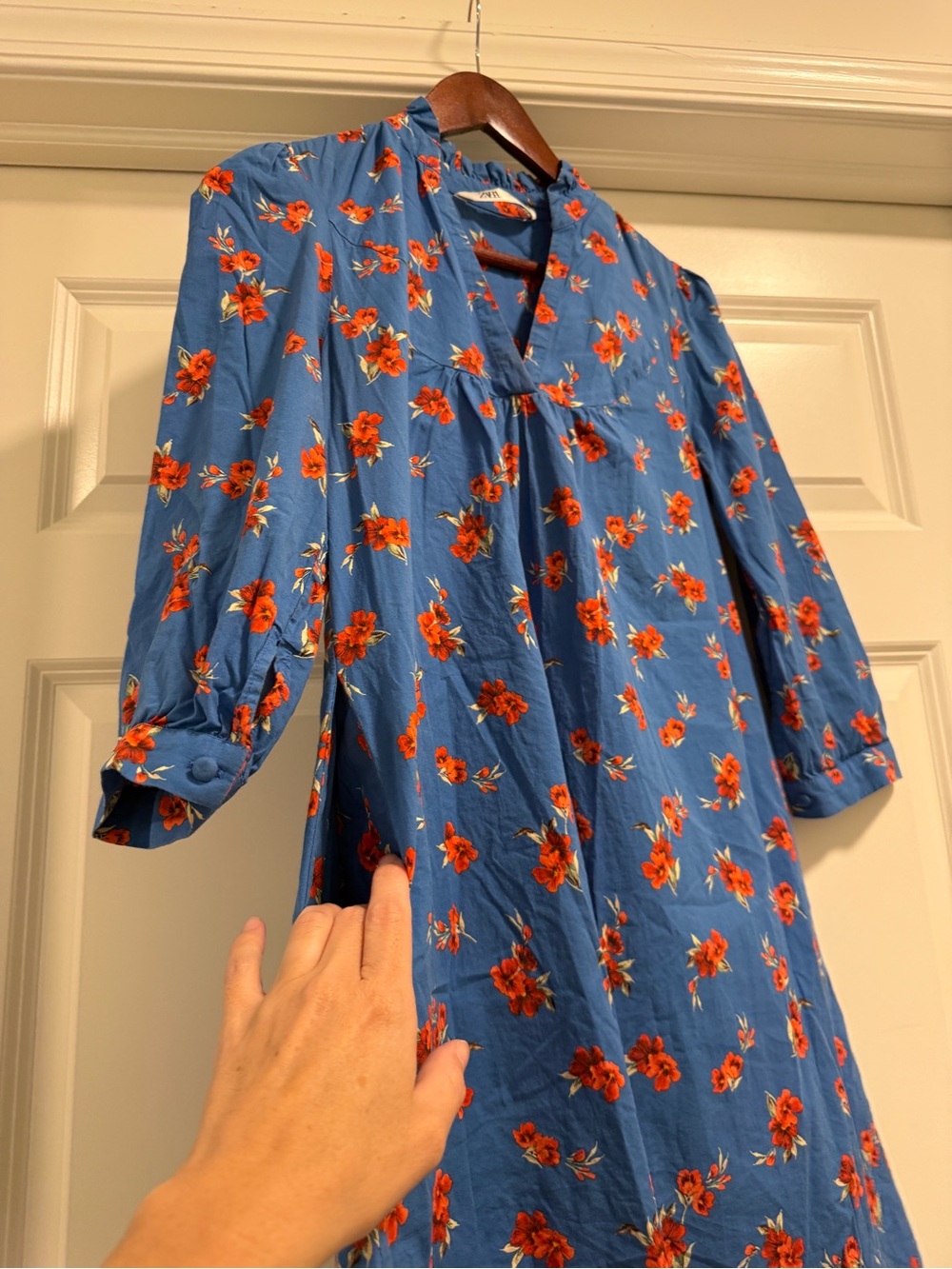 Zara Emma Blue Orange Floral Hibiscus V-Neck Long Sleeve Tunic Mini Dress Small - Picture 14 of 15
